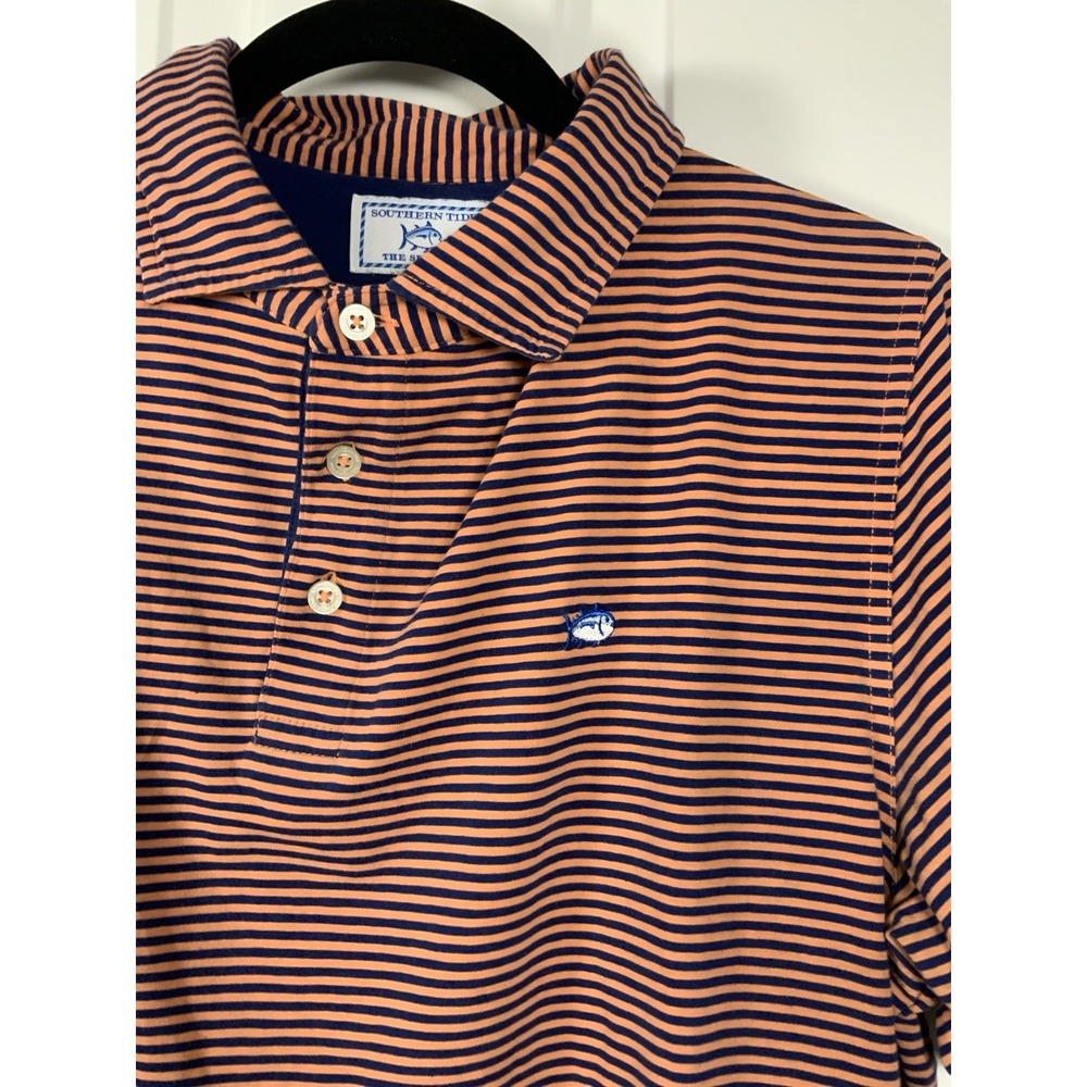 Southern Tide Men's Polo, Sz MED, Orange/ Navy Striped,